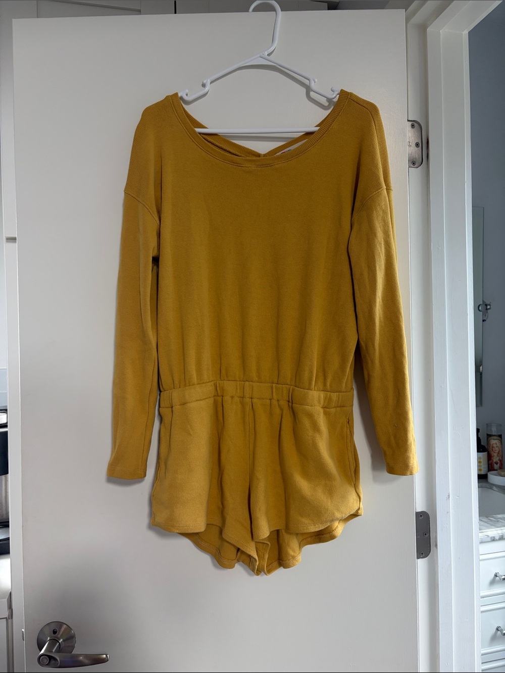 Free People Mustard Yellow Long-Sleeve Romper with Waist Detail
